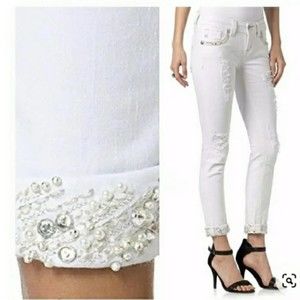 MISS ME Signature Cuffed White Skinny Distressed Bling Ankle Jeans Size 29